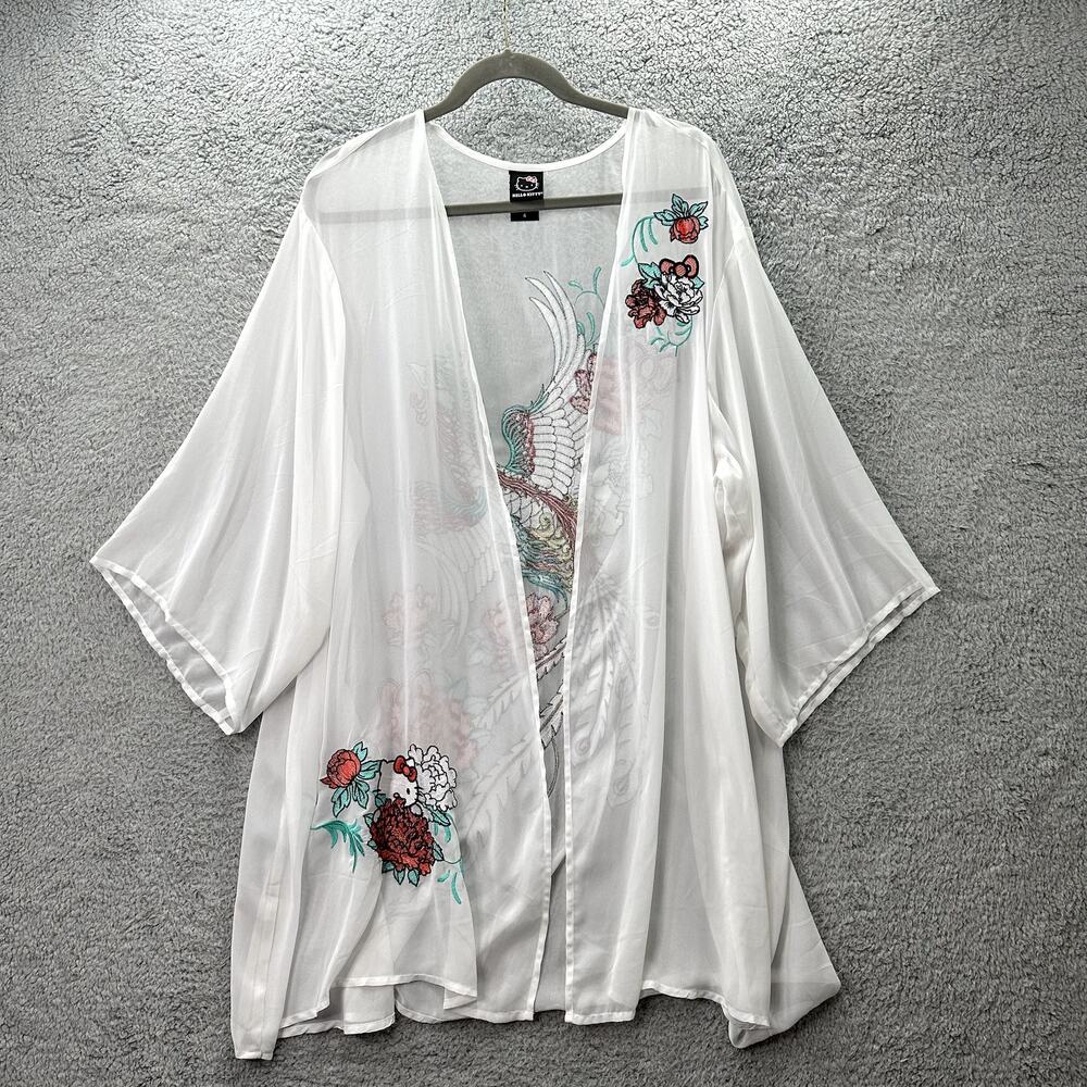 Hello Kitty Size 4 Sheer White Long Kimono Embroidered Phoenix Dragon Flowers